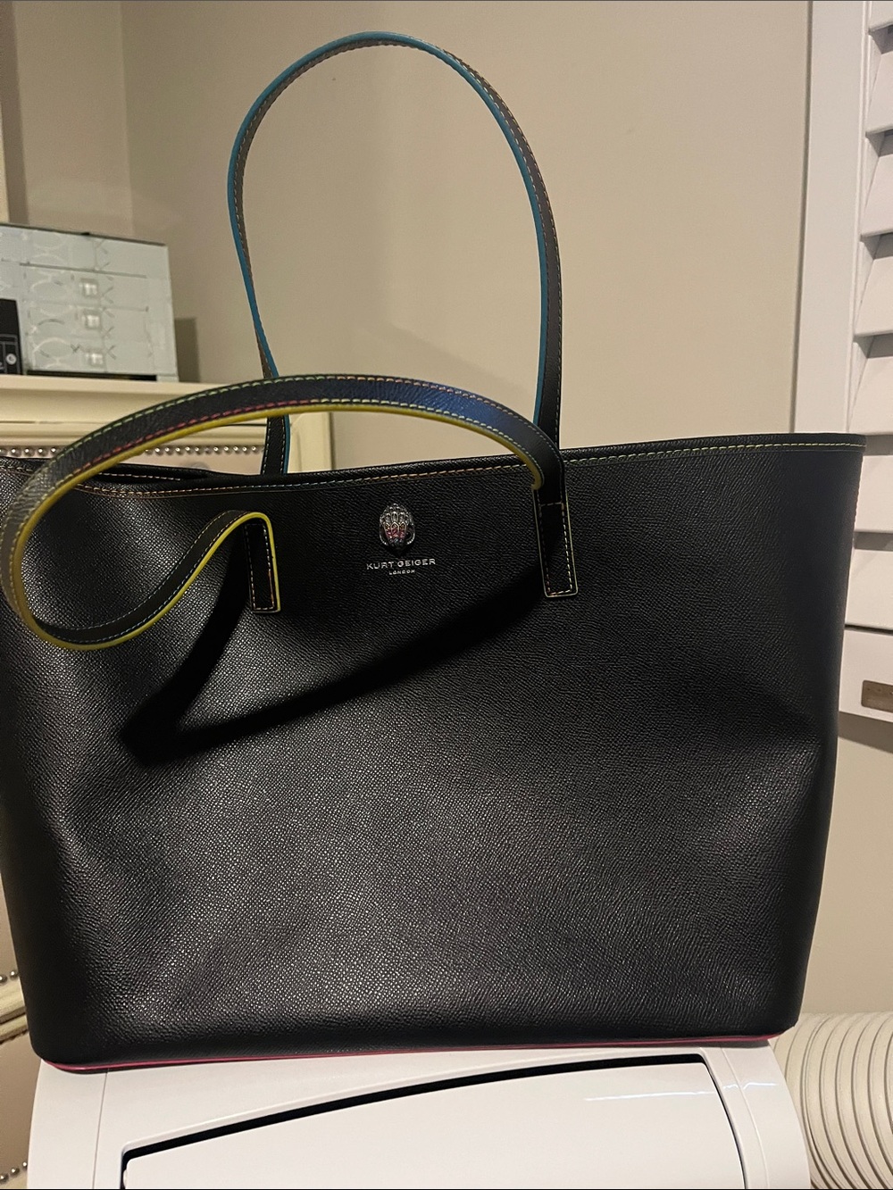 Kurt Geiger Black Leather Tote with Multicolor Edge Trim